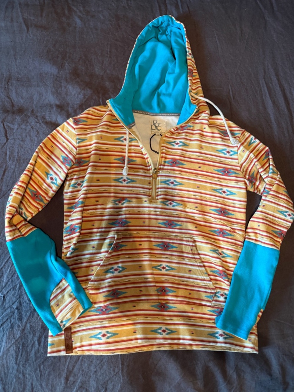 AMPERSAND AVE Mustard Aztec Zip-Up Hoodie with Teal Accents